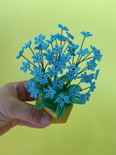 a hand is holding a small blue flower in front of a yellow background with green leaves