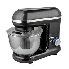 a black and silver mixer on a white background