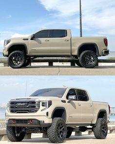 two pictures of the front and rear sides of a white truck with black rims