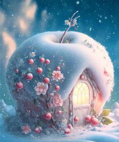 a painting of a snow covered apple house