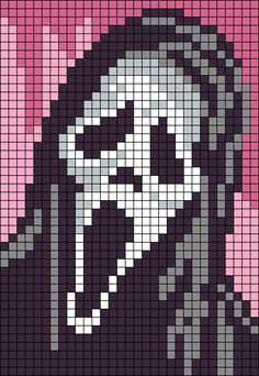 Alpha pattern #119701 variation #218583 How To Turn A Picture Into A Crochet Pattern, Goosebumps Pixel Art, Megamind Pixel Art, Ghostface Grid Pattern, Ghost Face Crochet Tapestry, Ghost Face Pixel Art Grid, Black And White Crochet Patterns Free, Ghostface Pixel Art Grid, Scream Tapestry Crochet