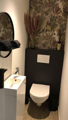 a white toilet sitting next to a sink in a bathroom under a wall mounted mirror