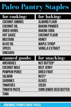 the ingredients for paleo pantry staples are shown in blue and black text on a white background