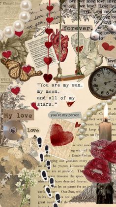 a collage with many different images and words on it, including a clock, flowers, hearts, butterflies, and other things