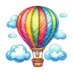 a colorful hot air balloon flying in the sky with clouds behind it, on a white background