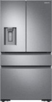 a stainless steel refrigerator with water dispenser on the door and ice maker in front