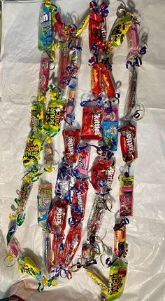 a pile of candy on top of a white sheet