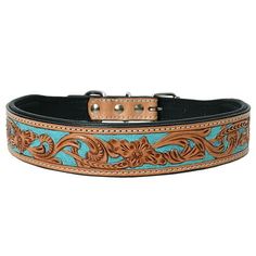 a blue and brown leather dog collar with floral design