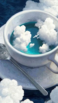 a painting of clouds in a cup and spoon on a plate next to the water