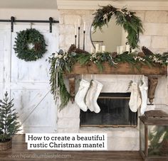 a fireplace decorated for christmas with stockings and wreaths