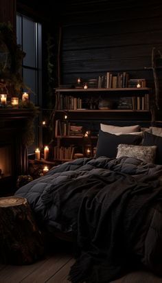 a dark bedroom with lit candles on the fireplace and bookshelf in the background