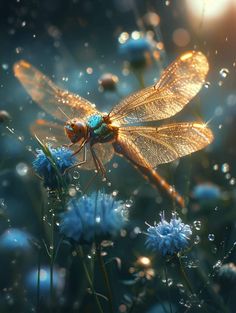 a dragon flys through the air over blue flowers and water droplets on it's wings