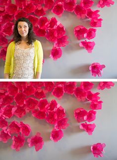 two photos one with pink flowers and the other with red paper flowers in front of a woman's face