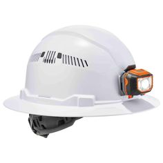 a white hard hat with an orange light on the front and side of it's head