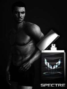 a shirtless man standing next to an open box with the word spectre on it