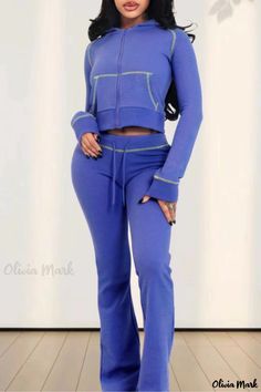 Olivia Mark - Chic and Practical Two-Piece Sweatpants Outfit for Women Blue Stretch Pants For Leisure, Casual Fitted Jumpsuits And Rompers With Drawstring, Stretch Solid Sets With Pockets, Stretch Sets With Pockets And Long Pants, Stretch Sets With Pockets, Fitted Leisure Bottoms With Pockets, Casual Stretch Matching Set Bottoms, Casual Stretch Bottoms Matching Set, Casual Stretch Jumpsuits