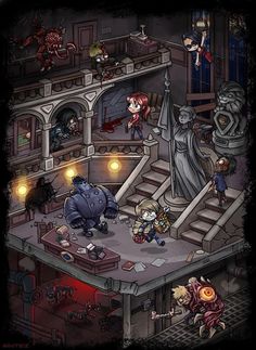 an image of some cartoon characters in a room with stairs and other things on the floor