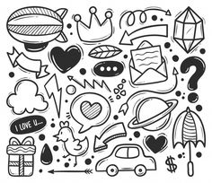 doodle style icons set in black and white with hearts, arrows, stars, clouds, speech bubbles