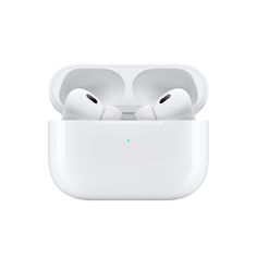 an apple airpods with its charging case open and showing the front facing camera, on a white background