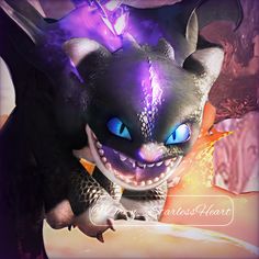 a dragon with glowing blue eyes sitting on top of a table in front of a purple background