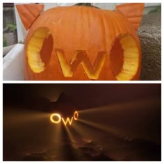 two pumpkins that have been carved to look like the word ow on top and bottom