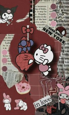 an altered collage with hello kitty and other stickers on it's side