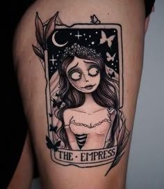 Disney Tattoo Ideas Female, Corpse Bride Emily Tattoo, Emily Corpse Bride Tattoo, Corpse Bride Tattoo, Leaves Dress, Tattoo Artist Tattoo, Tattoo Design Tattoo