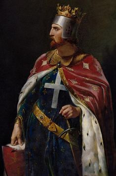 a painting of a man wearing a crown and holding a red box with a cross on it