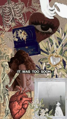 collage of images with words and pictures on them, including an image of a woman's heart