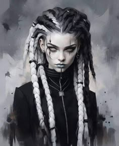 a painting of a woman with dreadlocks on her head and black dress shirt