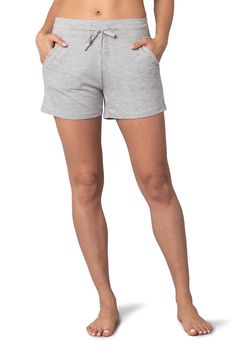 Light Grey Heather Cotton Workout Shorts With Drawstring, Casual Short-length Activewear With Drawstring, Athleisure Shorts With Functional Drawstring And 4-way Stretch, Gray Drawstring Shorts, Outdoor Shorts With Functional Drawstring And 4-way Stretch, Drawstring Waistband, Soft Knits, Jersey Fabric, Casual Shorts