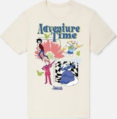 an adventure time t - shirt with cartoon characters on the front and back, in white