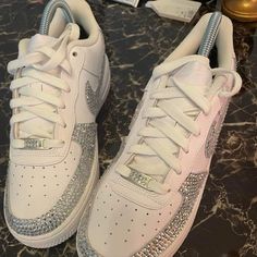 New Custom Blinged Out Air Force Ones Authentic Size 7.5 Men Ready To Ship Out Now Bedazzled Air Force Ones, Bedazzled Nikes, Nike Shoes Custom, Upcycle Shoes, Gingham Jacket, Wedding Sneakers, Custom Bling, Godparent Gifts, Cinderella Shoes