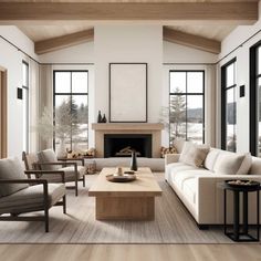 a living room filled with lots of furniture and large windows next to a fire place