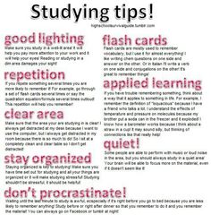 a poster with words and pictures on it that say studying tips, good lighting, flash cards