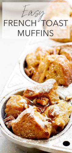 french toast muffins with powdered sugar on top in a muffin tin