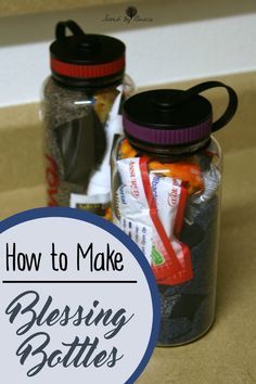 two jars filled with food sitting on top of a counter next to the words how to make blessing bottles