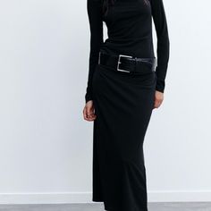 Long Dress Made Of Knit Fabric. High Collar And Long Sleeves. Side Ruching Detail. Wide Belt With Metal Buckle. Invisible Back Zip Closure. Chic Stretch Maxi Dress By Zara, Chic Stretch Zara Maxi Dress, Zara Black Maxi Dress For Fall, Chic Zara Maxi Dress For Fall, Fabulous Style, Wide Belt, Zara Black, Belted Dress, Zara Dresses