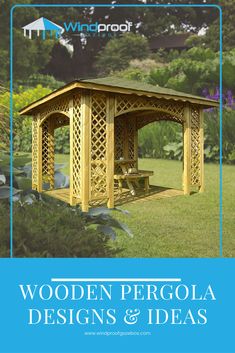 the wooden pergola design and ideas book is shown in front of some bushes