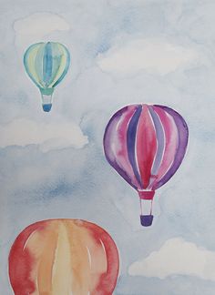 two hot air balloons flying in the sky above clouds and watercolors on paper