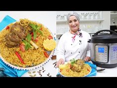 a woman standing in front of a plate of food and an instant pressure cooker