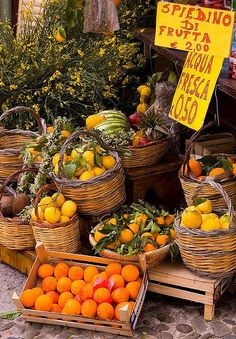 baskets of oranges and other fruit are on display