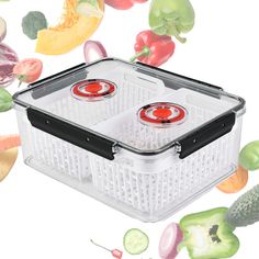 two plastic containers filled with different types of fruits and vegetables next to each other on a white background