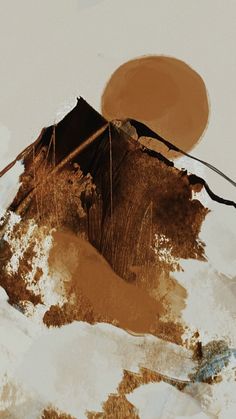 an abstract painting with brown and white colors in the background, on top of a mountain