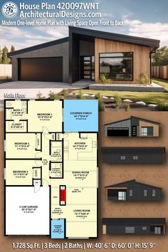 the floor plan for a modern house with two garages and an open living area