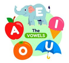 an elephant, an apple, an orange and an ice cream cone with the letter e on it