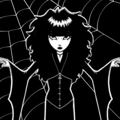 a black and white image of a woman with long hair standing in front of a spider web