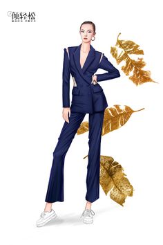 a woman in a blue suit and gold leaves