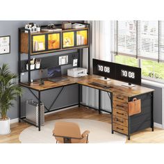 an office desk with two drawers and a computer monitor