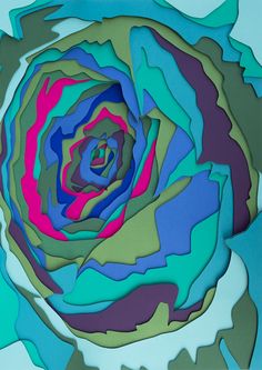 an abstract painting with blue, pink and green colors on it's center piece